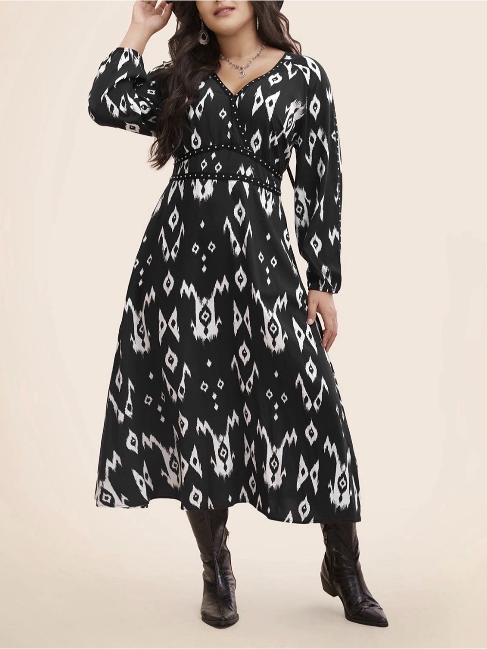 BloomChic Abstract Argyle Studded Southwestern Midi Dress, Size 10 Country Vibes